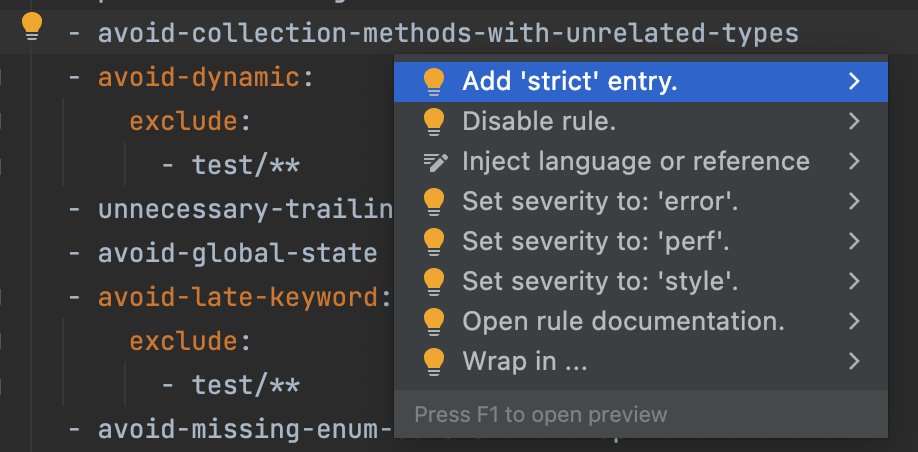 Analysis options code actions preview