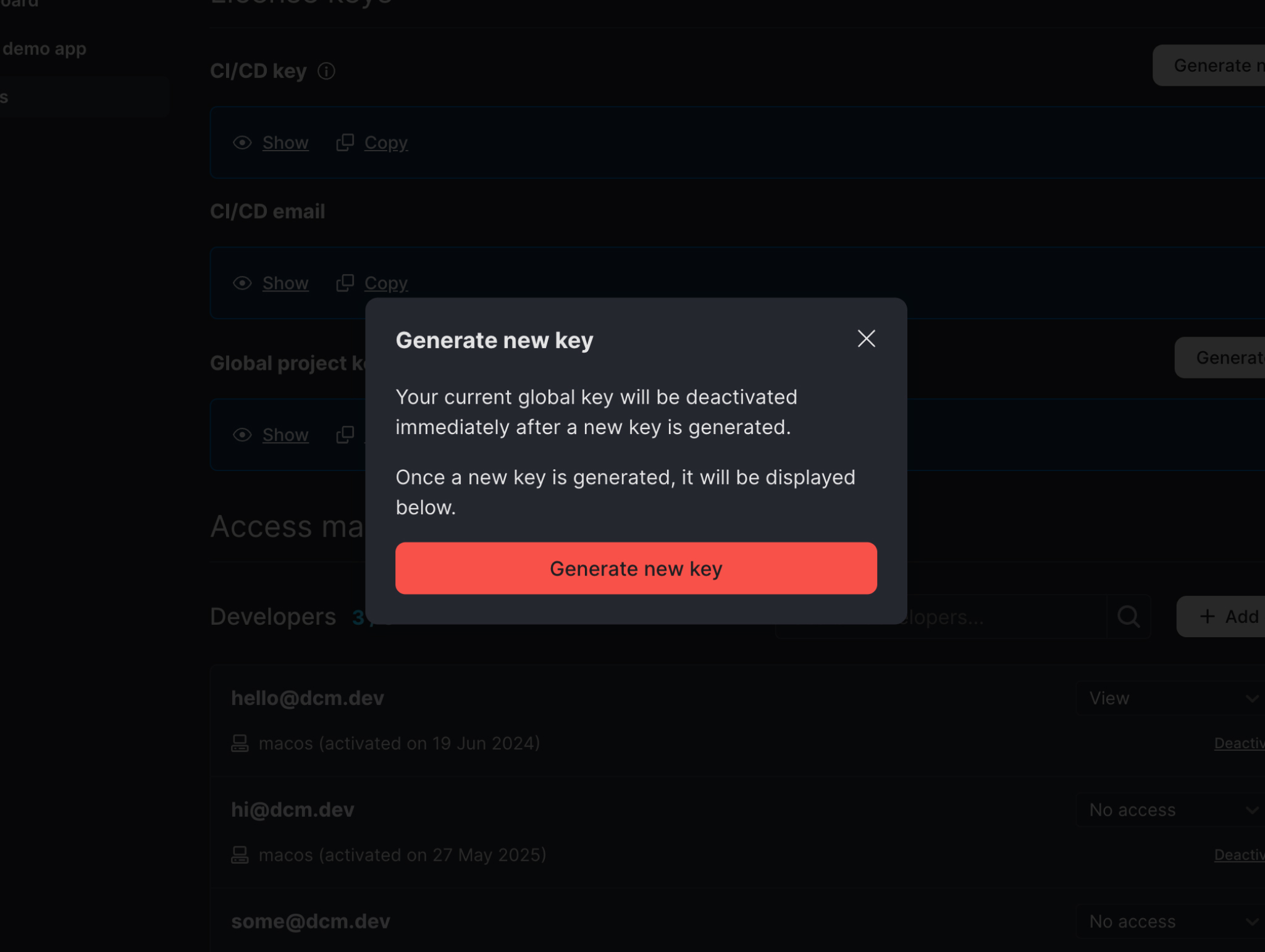 Project Key Reset Modal